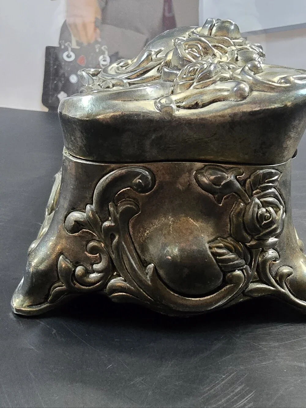 Vintage Art Nouveau Rose Silver Plated Jewelry Casket
